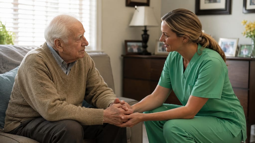 A caregiver gently holds the hand of an elderly veteran at home